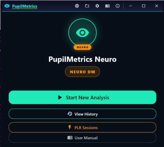 The PupilMetrics Neuro splash screen with Neuro DM badge and buttons for new analysis, history, PLR sessions and the user manual.