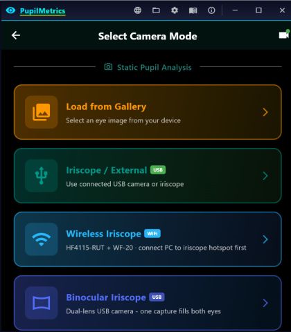 Static camera modes: Load from Gallery, Iriscope/External over USB, Wireless Iriscope over WiFi, and Binocular Iriscope for a dual-lens camera.