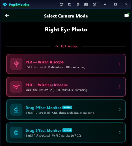 PLR camera modes: wired iriscope with LED stimulus at about 30 fps, wireless iriscope, and Drug Effect Monitor over USB or WiFi.