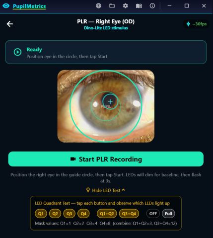 The PLR recording screen for the right eye, showing the eye in a guide circle with the pupil marked, a start button, and an LED quadrant test with per-quadrant mask values.