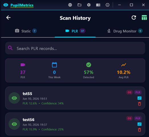 Scan history PLR tab with 37 records, 57 percent detected, average PLR 10.2 percent, and per-record confidence figures.
