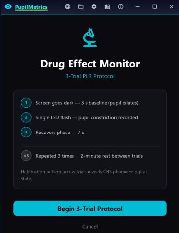 The Drug Effect Monitor protocol screen: screen goes dark for a 3 second baseline, a single LED flash, a 7 second recovery phase, repeated three times with 2 minutes rest between trials.