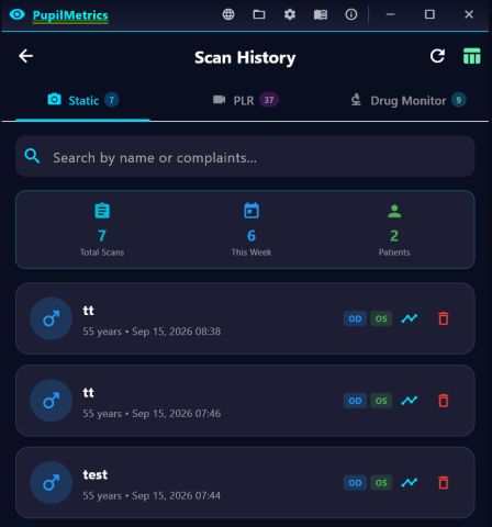 Scan history static tab showing 7 total scans, 6 this week, 2 patients, with PLR and Drug Monitor tabs alongside.