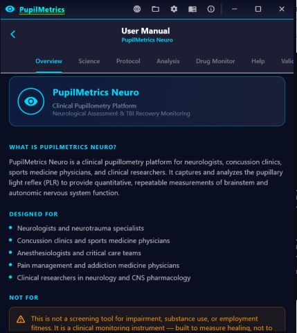 The built-in Neuro user manual at the Overview tab, with Science, Protocol, Analysis, Drug Monitor, Help and Validation tabs.