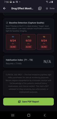 Baseline detection capture-quality panel showing 0 of 24 non-F frames for each of three trials, all marked BLIND, with the habituation index unavailable.