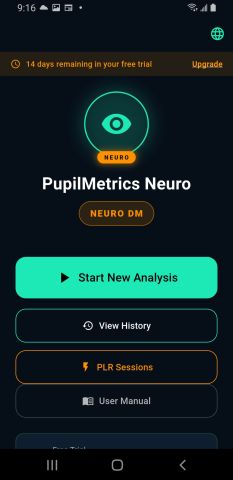 PupilMetrics Neuro on Android with a trial banner reading 14 days remaining.