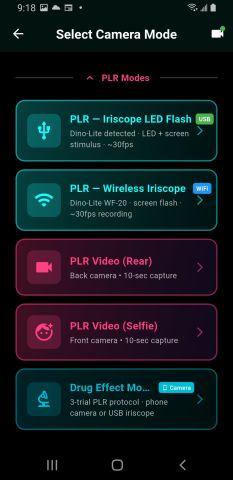 Android PLR modes: iriscope LED flash over USB, wireless iriscope, PLR video rear and selfie at 10 seconds, and the Drug Effect Monitor.