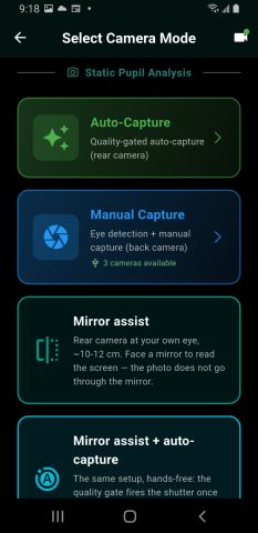 Android static capture modes: auto-capture, manual capture, mirror assist, and mirror assist with auto-capture.