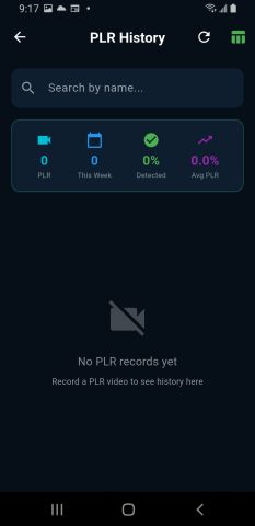 An empty PLR history on Android, showing zero records and prompting to record a PLR video.