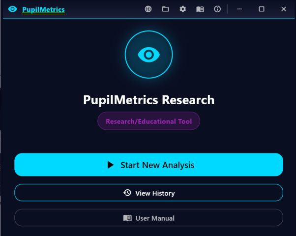 The PupilMetrics Research splash screen, badged Research/Educational Tool, with buttons to start a new analysis, view history and open the user manual.