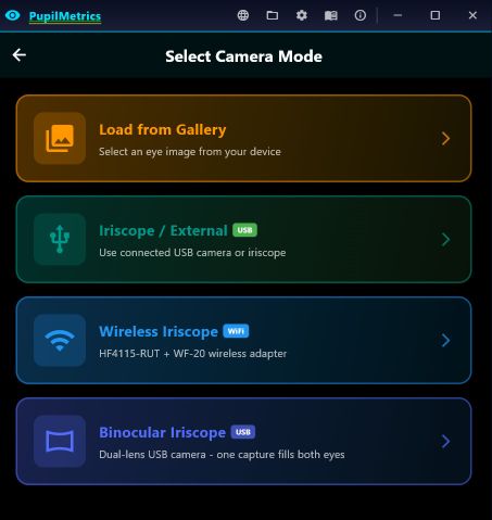 The static camera mode selector, offering Load from Gallery, Iriscope/External over USB, Wireless Iriscope over WiFi, and Binocular Iriscope.