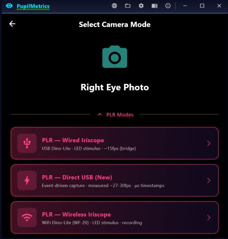 PLR camera modes: wired iriscope over USB at about 15 fps through the bridge, direct USB measured at 27 to 30 fps with microsecond timestamps, and wireless iriscope.