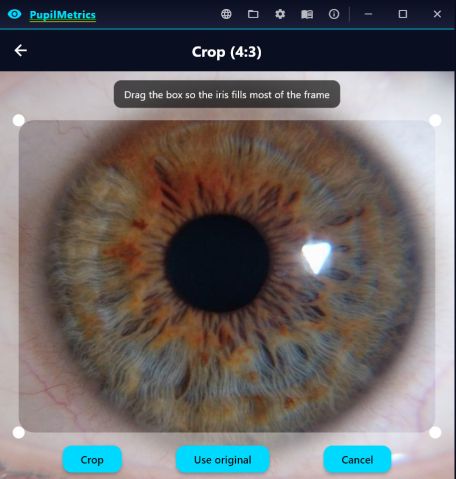 The 4:3 crop tool, with the instruction to drag the box so the iris fills most of the frame.