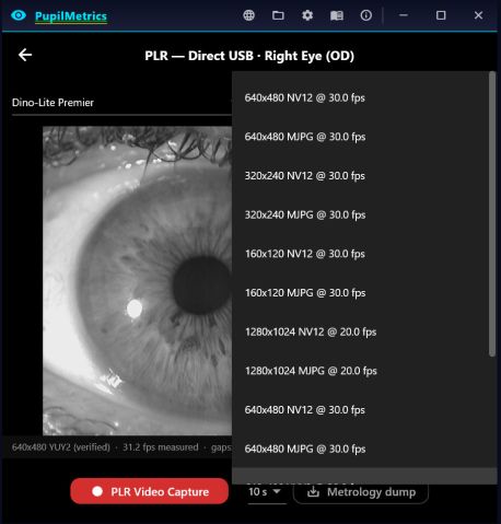 The PLR direct-USB capture screen with a mode list showing 640x480 and 1280x1024 in NV12 and MJPG at 20 and 30 frames per second, and a status line reading 640x480 YUY2 verified, 31.2 fps measured.