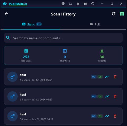 Scan history with static and PLR tabs, a search field, totals for scans, this week and patients, and a list of records each with OD, OS, timeline and delete controls.