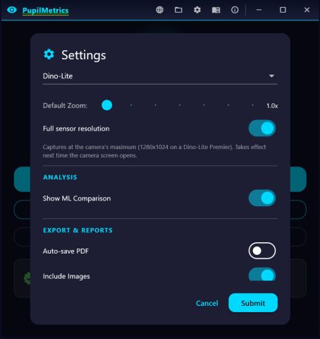 Settings dialog with preferred camera, default zoom, full sensor resolution, show ML comparison, auto-save PDF and include images.