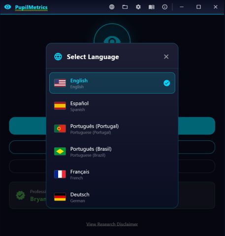 The language picker dialog listing English, Spanish, Portuguese for Portugal and Brazil, French and German, each with its endonym and English name.