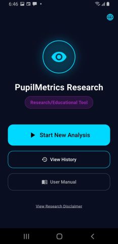PupilMetrics Research on Android, showing the splash screen.