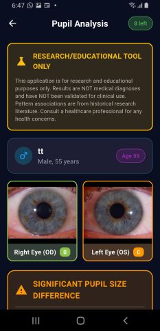 Android results header with the research-tool disclaimer, patient details, both eye thumbnails graded B and C, and a trial counter reading 8 left.