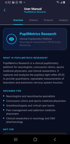 The built-in manual on Android, open at the Overview tab with Science, Protocol and Analysis tabs alongside.